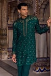 Shop_Kalista_Green Achkan Chanderi Silk Aryan Paisley Motif Kurta And Pant Set _Online_at_Aza_Fashions