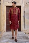 Buy_Kalista_Maroon Chanderi Silk Taimur Paisley Motif Kurta And Churidar Set _at_Aza_Fashions