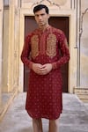 Shop_Kalista_Maroon Chanderi Silk Taimur Paisley Motif Kurta And Churidar Set _Online_at_Aza_Fashions