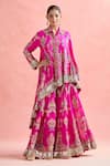Buy_Anamika Khanna_Fuchsia Cotton Zari, Beads, Embroidery Collared Floral Tunic And Sharara Set