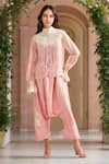 Buy_Anamika Khanna_Pink Embroidery Beads High Neck Yoke Shirt And Cowl Pant Set _at_Aza_Fashions