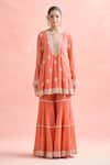 Buy_Anamika Khanna_Coral Chanderi Embroidery, Zari Round Neck Butti Kurta Sharara Set_Online_at_Aza_Fashions