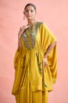 Shop_Anamika Khanna_Yellow Embroidery Tribal Closed Round Cape With Skirt 