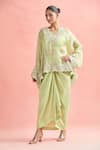 Buy_Anamika Khanna_Green Embroidery Floral V Neck Sheer Tunic And Skirt Set 