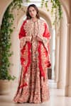 Buy_Anamika Khanna_Red Embroidery Floral Cape Front Open Gota Patti And Sharara Set _at_Aza_Fashions