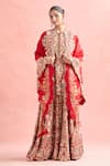 Anamika Khanna_Red Embroidery Floral Cape Front Open Gota Patti And Sharara Set _Online_at_Aza_Fashions