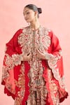 Shop_Anamika Khanna_Red Embroidery Floral Cape Front Open Gota Patti And Sharara Set _Online_at_Aza_Fashions