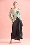Buy_Anamika Khanna_Silver Embroidery Floral V Neck Sequin Jacket And Skirt Set _Online_at_Aza_Fashions