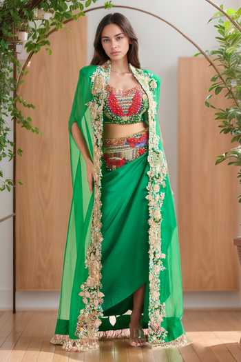Buy Green Georgette, Chiffon Beads, Floral Tribal Embroidered Cape