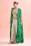 Buy_Anamika Khanna_Green Silk Sequins, Embroidery Asymmetric Emerald Floral Cape And Pant Set_Online_at_Aza_Fashions