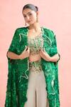 Shop_Anamika Khanna_Green Silk Sequins, Embroidery Asymmetric Emerald Floral Cape And Pant Set_Online_at_Aza_Fashions
