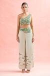 Buy_Anamika Khanna_Green Silk Sequins, Embroidery Asymmetric Emerald Floral Cape And Pant Set