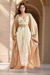 Buy_Anamika Khanna_Gold Cotton, Silk Beads, Tassels Scoop Neck Applique Cape And Pant Set_at_Aza_Fashions