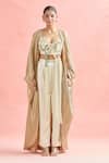Anamika Khanna_Gold Cotton, Silk Beads, Tassels Scoop Neck Applique Cape And Pant Set_at_Aza_Fashions