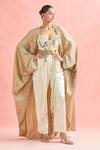 Buy_Anamika Khanna_Gold Cotton, Silk Beads, Tassels Scoop Neck Applique Cape And Pant Set