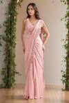 Buy_Ridhima Bhasin_Pink Embroidery Beads V Neck Floral Cutwork Pre-draped Saree With Blouse _at_Aza_Fashions