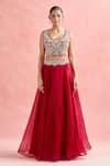 Ridhima Bhasin_Red Embroidery Paisley Square Neck Placement Lehenga And Blouse Set _Online_at_Aza_Fashions