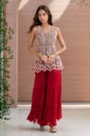 Buy_Ridhima Bhasin_Red Embroidery Abstract V Neck Beads Tunic With Sharara _at_Aza_Fashions