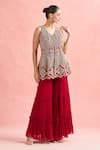 Ridhima Bhasin_Red Embroidery Abstract V Neck Beads Tunic With Sharara _Online_at_Aza_Fashions