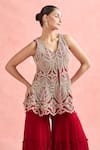 Buy_Ridhima Bhasin_Red Embroidery Abstract V Neck Beads Tunic With Sharara _Online_at_Aza_Fashions