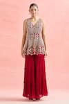 Ridhima Bhasin_Red Embroidery Abstract V Neck Beads Tunic With Sharara _at_Aza_Fashions