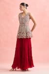 Buy_Ridhima Bhasin_Red Embroidery Abstract V Neck Beads Tunic With Sharara 