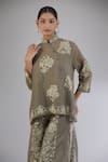 Peachoo_Brown Embroidery Resham Mandarin Collar Floral Short Top _Online_at_Aza_Fashions