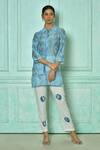 Buy_Samyukta Singhania_Blue Top  Chanderi Hand Block Printed Geometric Collared Moksh And Pant Set