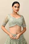 Shop_Kalighata_Green Organza Embroidery Cutdana Leaf Neck Romania Bridal Lehenga Set 