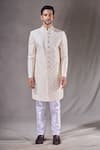 Shop_Aryavir Malhotra_Cream Art Silk Embroidery Trellis Sherwani With Pyjama _Online_at_Aza_Fashions