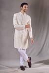 Aryavir Malhotra_Cream Art Silk Embroidery Trellis Sherwani With Pyjama _at_Aza_Fashions