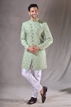 Buy_Aryavir Malhotra_Green Banarasi Silk Embroidery Floral Trellis Sherwani With Pyjama _at_Aza_Fashions