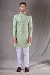 Buy_Aryavir Malhotra_Green Banarasi Silk Embroidery Floral Trellis Sherwani With Pyjama _Online_at_Aza_Fashions