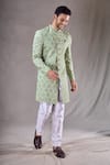 Shop_Aryavir Malhotra_Green Banarasi Silk Embroidery Floral Trellis Sherwani With Pyjama _Online_at_Aza_Fashions