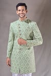 Aryavir Malhotra_Green Banarasi Silk Embroidery Floral Trellis Sherwani With Pyjama _at_Aza_Fashions