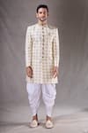 Aryavir Malhotra_Cream Kora Shine Silk Embroidery Diamond Butti Sherwani With Dhoti Pant _Online_at_Aza_Fashions