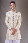 Shop_Aryavir Malhotra_Cream Kora Shine Silk Embroidery Diamond Butti Sherwani With Dhoti Pant _Online_at_Aza_Fashions