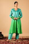 Buy_Tangerine by ASFA_Green Chanderi Silk Gota V Neck Ombre A-line Kurta With Pant _at_Aza_Fashions