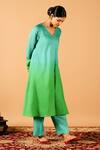 Shop_Tangerine by ASFA_Green Chanderi Silk Gota V Neck Ombre A-line Kurta With Pant _at_Aza_Fashions