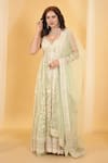 Buy_Archana Kochhar_Green Net Embroidery Resham Thread Leaf Neck Floral Anarkali With Dupatta _at_Aza_Fashions