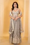 Buy_Archana Kochhar_Grey Net Embroidery Gota Leaf Neck Gullista Anarkali And Palazzo Pant Set _at_Aza_Fashions