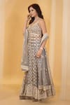 Buy_Archana Kochhar_Grey Net Embroidery Gota Leaf Neck Gullista Anarkali And Palazzo Pant Set _Online_at_Aza_Fashions