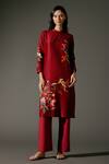 Buy_Balance by Rohit Bal_Wine Chanderi Silk Print Gardenia Mandarin Collar Kurta With Palazzo Pant _at_Aza_Fashions