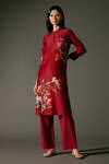 Buy_Balance by Rohit Bal_Wine Chanderi Silk Print Gardenia Mandarin Collar Kurta With Palazzo Pant _Online_at_Aza_Fashions