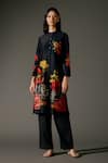 Buy_Balance by Rohit Bal_Black Chanderi Silk Print Blossom Mandarin Collar Kurta With Palazzo Pant _at_Aza_Fashions