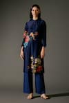 Buy_Balance by Rohit Bal_Blue Chanderi Silk Print Nightingale Bloom Mandarin Kurta With Palazzo Pant _at_Aza_Fashions