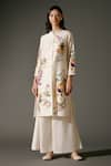 Buy_Balance by Rohit Bal_Ivory Chanderi Silk Print Bird Garden Mandarin Collar Kurta With Palazzo _at_Aza_Fashions