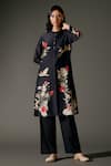 Buy_Balance by Rohit Bal_Black Chanderi Silk Print Bird Wonder Mandarin Collar Tunic With Palazzo Pant _at_Aza_Fashions