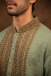 Char Chaand_Green Cotton Silk Embroidery Dori Crest Vine Kurta _at_Aza_Fashions