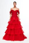 Buy_Gauri & Nainika_Red Pure Chiffon Solid Sweetheart Off Shoulder Tiered Gown _at_Aza_Fashions